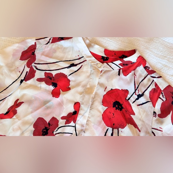 J. CREW Silk Ivory & Red Poppy Floral Blouse Career Casual Top - Picture 6 of 12